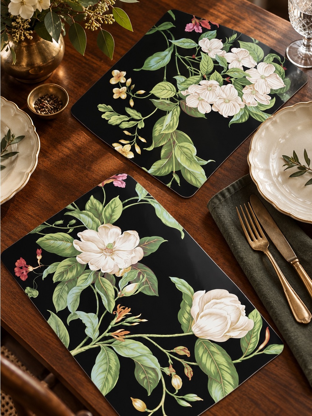 Williamsburg Garden Images Black Floral Cork Placemats Set of 7. Botanical